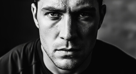 Obraz premium A determined and focused individual with sweat glistening on his face, gazes directly into the camera, conveying strength and intensity in this striking black and white portrait.
