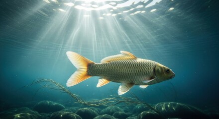Naklejka premium Fish swims in sunlit water, above rocks and weeds on the seabed, underwater view