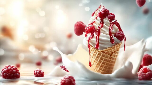 Ice cream cone topped with raspberries and syrup, splashing in liquid