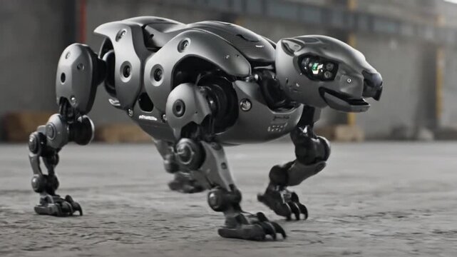 A sleek, metallic robotic cheetah-like creature in a crouched pose, showcasing advanced mechanical design in an industrial setting.