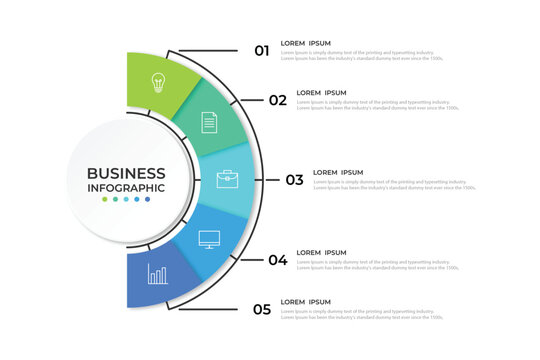 Semicircular pie chart divided into 5 colorful sectors. Concept of five features of startup project to select. Minimal flat infographic vector illustration for business information visualization.