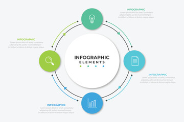 Round scheme with 4 circular paper white elements connected by arrows. Concept of four steps of business cycle or cyclic process. Minimal infographic design template. Modern vector illustration.