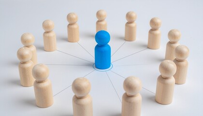 Obraz premium Blue Central Figurine Connected to Surrounding Wooden Figures in Circular Network Formation