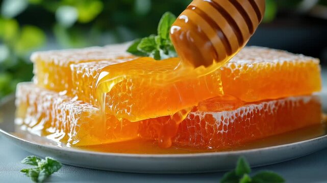 Honeycomb stack being drizzled with a wooden honey dipper