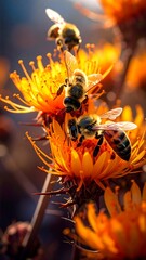 Three bees pollinating vibrant orange flowers under warm sunlight