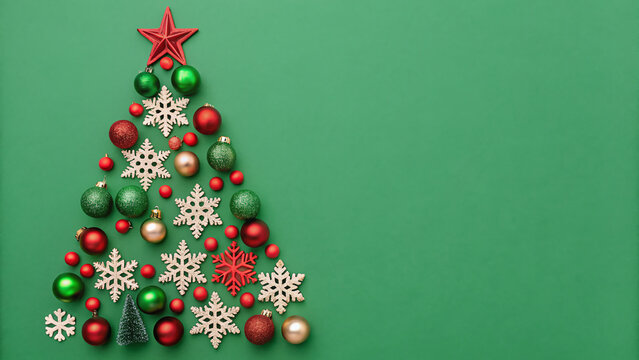 Christmas theme featuring a tree filled with red and green ornaments, snowflakes, and stars on a green backdrop, symbolizing holiday creativity and joy Merry christmas card. Happy New Year