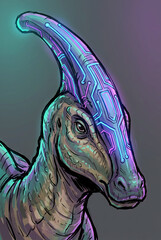 Portrait of a dinosaur with futuristic cybernetic technology integration