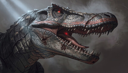 Portrait of a dinosaur - mechanical prehistoric creature with red eyes and tribal markings