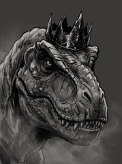 Portrait of a dinosaur with crown - monochrome prehistoric creature art