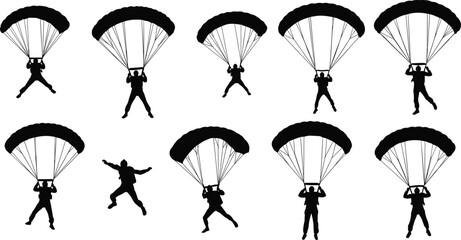 Parachutist silhouettes with open parachutes, skydiving descent, extreme aerial sport, outdoor adventure, aviation training, freefall activity, adrenaline lifestyle, dynamic recreation illustration © MD SAKIL