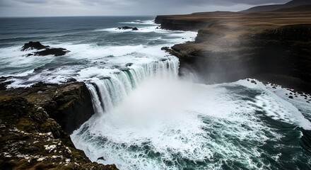 Obraz premium Majestic Waterfall Cascading into Ocean Surrounded by Rocky Coastline Under Cloudy Skies in a Rugged Landscape