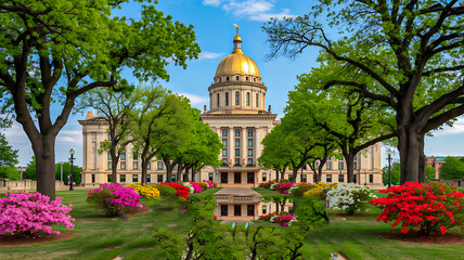 Ornate Marble Dome Building with Stately Columns and Blooming Trees in Scenic Park