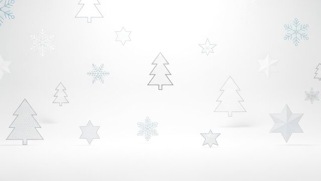 White background with Christmas tree and snowflakes. The winter season concept of holiday decorations.