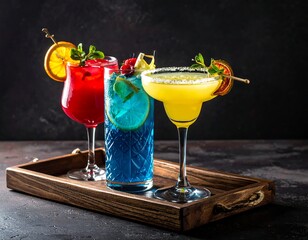 Three colorful cocktails on a wooden tray, garnished and ready to drink