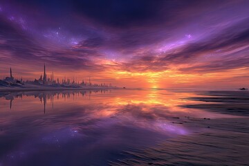 Colorful City Skyline Sunset Reflection