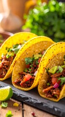 Three delicious tacos with fillings, garnished with cilantro and lime