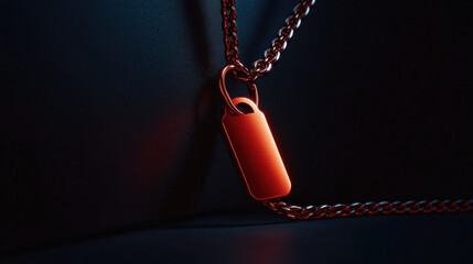 Close Up of a Shiny Red Dog Tag Pendant Suspended on a Chain in Low Light