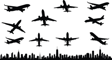 Silhouette of airplanes flying above modern city skyline, aviation travel concept, commercial aircraft, urban background, transportation, air travel industry scene.