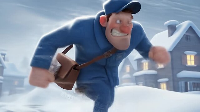 Mailman delivering letters in a snowy village.