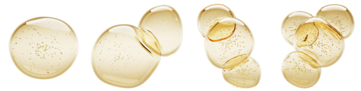 Gold argan oil drops with bubbles 3d render set. Honey, liquid serum, collagen gel or retinol vitamin balls. Clear yellow blobs of hyaluronic essence or keratin for skin or hair care