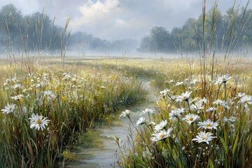 Misty Meadow With Daisies And A Stream