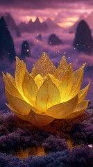 Golden Lotus Flower Illuminated Against Misty Mountains