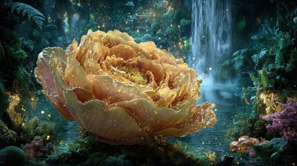 Glowing Golden Peony Flower By Waterfall