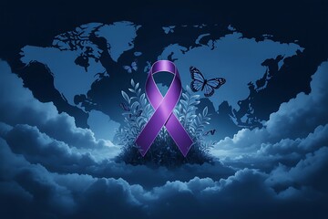 Purple ribbon stands gracefully amidst butterflies and foliage against a somber world map backdrop