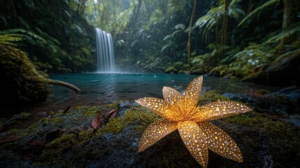 Golden Flower By Waterfall In Lush Tropical Forest