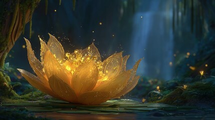 Golden Glowing Lotus Flower In Fairy Forest