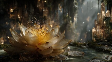 Golden Crystal Flower In Fantasy Forest