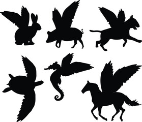 Vector collection of black silhouettes featuring fantasy animals with wings like flying pig and pegasus isolated on white background