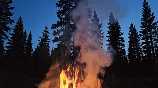Night campfire bright flames illuminate split logs with trees silhouetted against the dark blue dusk sky