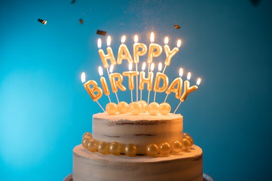 Birthday cake with lit candle letters spelling happy birthday - Powered by Adobe