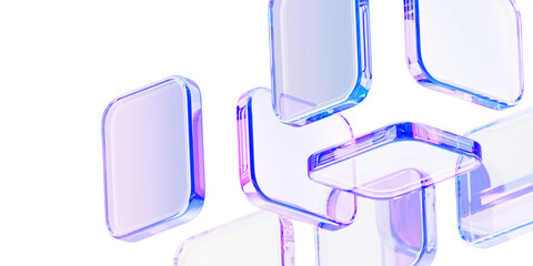Pastel light 3d background with glass holographic transparent square plate shapes render. Abstract geometric block pattern with rainbow color gradient. Futuristic digital tech banner