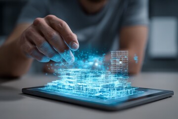 Hand manipulating a glowing holographic model projected above a digital tablet.