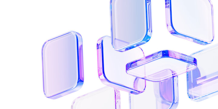 Pastel light 3d background with glass holographic transparent square plate shapes render. Abstract geometric block pattern with rainbow color gradient. Futuristic digital tech banner