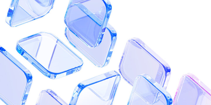 Abstract light blue 3d background with glass transparent square plate shapes render. Crystal block geometric pattern. Futuristic digital tech banner. Holographic gradient wallpaper