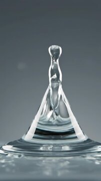 Extreme slow motion close up of viscous clear liquid splashing and forming a perfect blank hyperbolic curvature against a matte grey background flow, clean, forming
