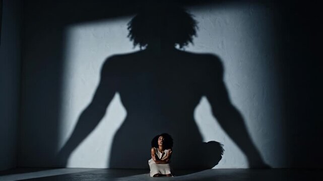 woman standing with giant shadow in stark studio light, high contrast wall projection, small figure dwarfed by looming silhouette, cinematic minimalism, psychological metaphor for inner strength