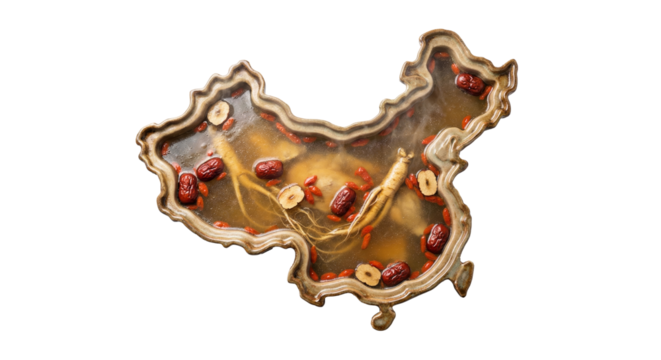 PNG cut out isolated background. A conceptual top-down view of a ceramic bowl shaped like the map of China, filled with traditional ginseng chicken soup.