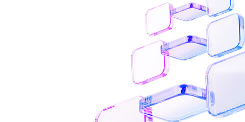 Obraz na płótnie Canvas 3d glass holographic transparent square plate shapes on abstract light blue background. Crystal geometric cube block pattern with pink purple gradient. Futuristic digital tech banner
