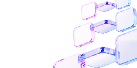 Fototapeten Pony 3d glass holographic transparent square plate shapes on abstract light blue background. Crystal geometric cube block pattern with pink purple gradient. Futuristic digital tech banner  © marozhkastudio