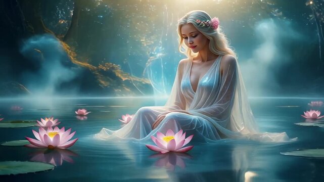 Water goddess sitting on a crystal glowing water lake
