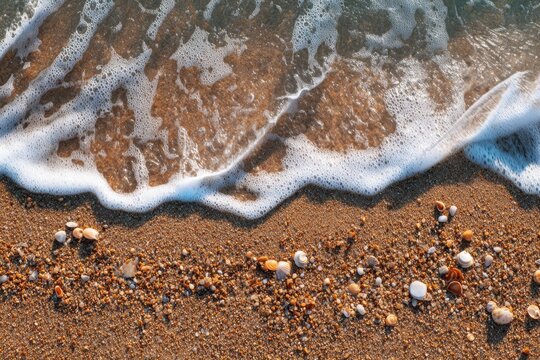 Sandy seashore with shells and waves, top view
