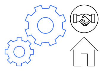 Collaboration concept. Gears signify teamwork and efficiency, handshake trust and partnership, and house projects or agreements related to home. Perfect for business, construction, teamwork