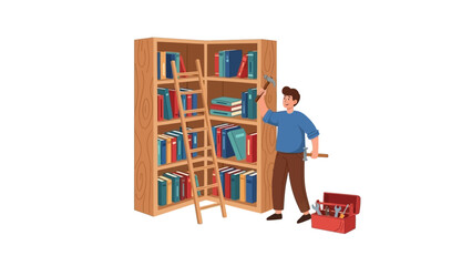 A handyman character building and installing new custom wooden furniture, a large corner bookcase for a home library