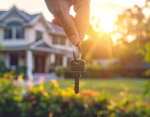 Hand holding keys in front of a house at sunset
