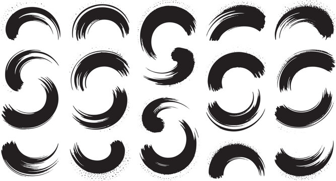 Black ink brush strokes forming curved shapes and circles