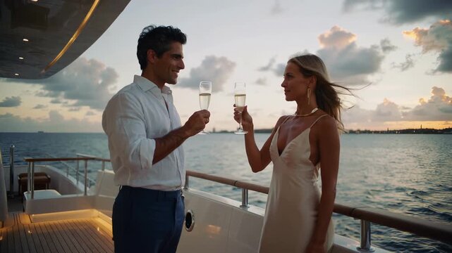 couple toasting champagne on yacht, romantic sunset cruise with elegant woman in dress and man in shirt clinking glasses on illuminated deck, warm golden light, ocean horizon, celebratory mood,